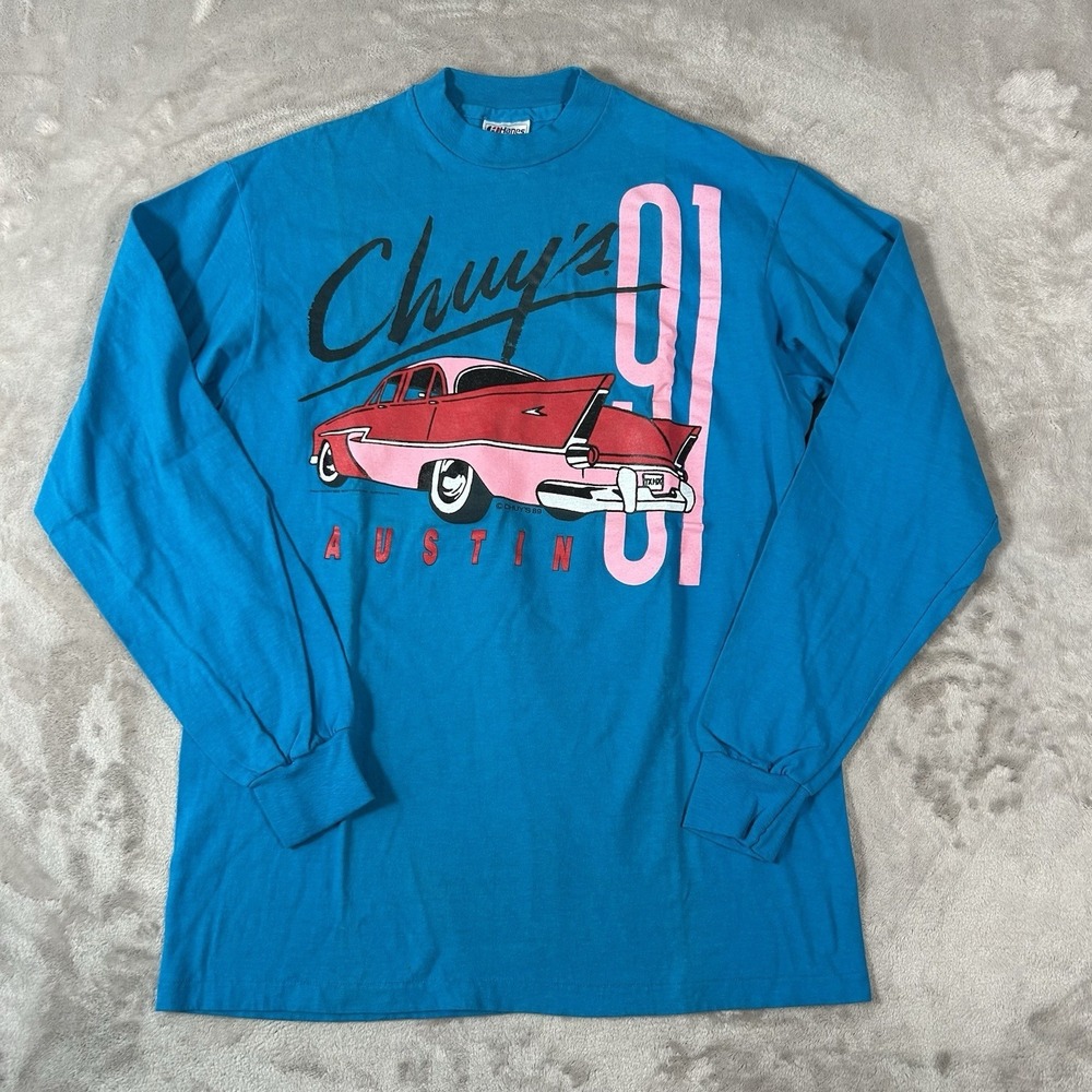 Vintage 1989 Chuy's Austin Texas Shirt L Single Stitch Car Graphic USA Made RARE
